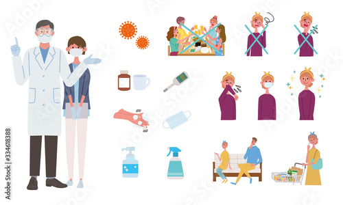 マスクをつける　医者　看護師　コロナウイルス　イラスト　セット