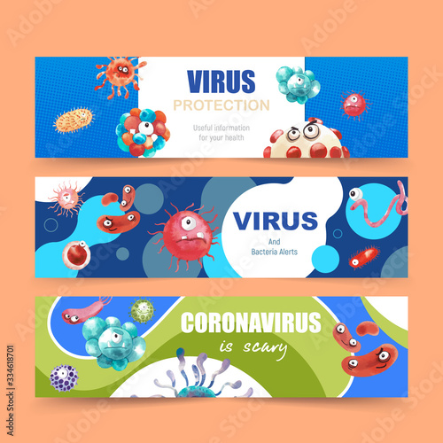 Virus banner design with virus cartoon vector illustration.