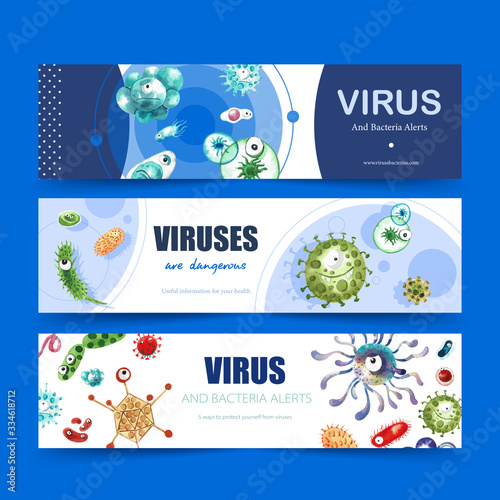 Cartoon virus style banner design with adenovirus watercolor illustration.