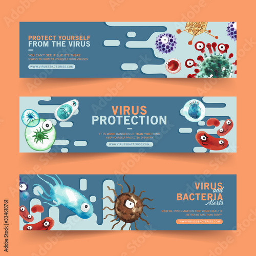 Banner design with watercolor painting of various viruses illustration