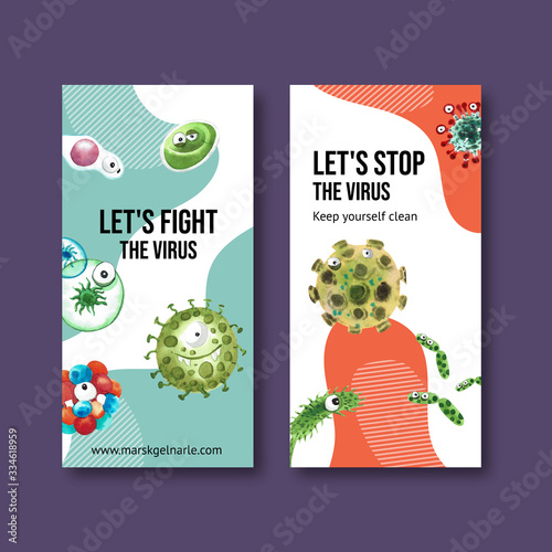 Flyer design with cartoon virus watercolor painting of bacteria illustration.