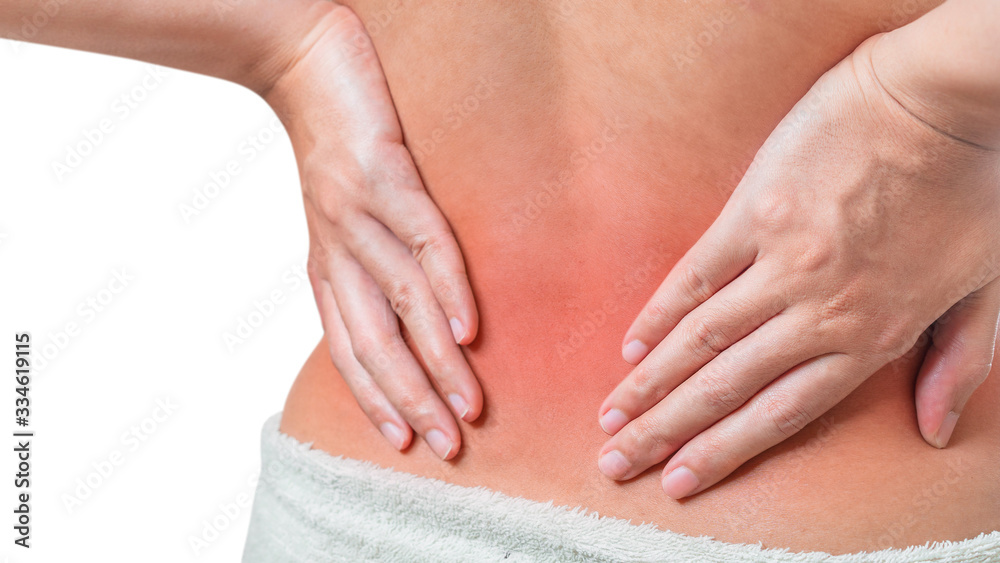 Back view of woman suffering from back pain and hand touch her back isolate on white background, Clipping path, Back ache concept.