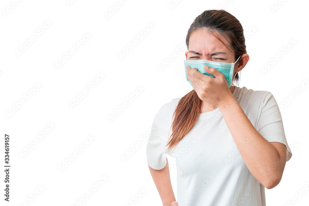 Asian woman coughing and wear medical protective face mask for protect infection the virus isolate on white background, with clipping path, Global healthcare and infection concept. Asian woman coughing and wear medical protective face mask for protect infection the virus isolate on white background, with clipping path, Global healthcare and infection concept.