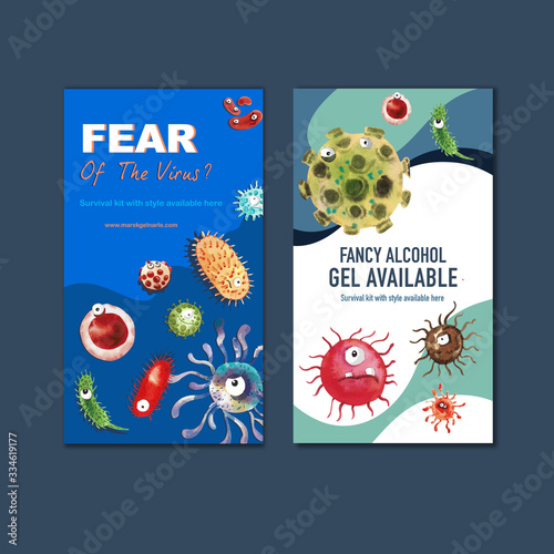 IG stories ad design with virus concept, cartoon virus watercolor illustration.