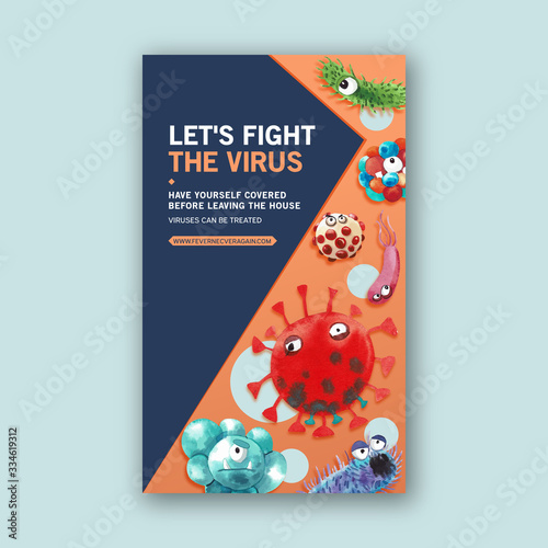 Cartoon style poster design with watercolor painting of bacillus, influenza illustration.