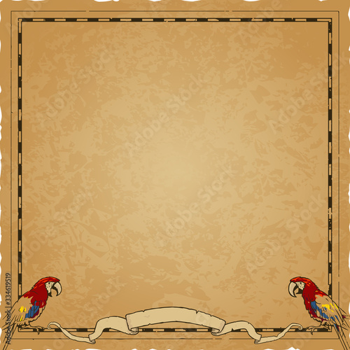 Vector illustration of a square pirate map frame on a worn parchment background. Includes a frame, macaw parrots and a banner.