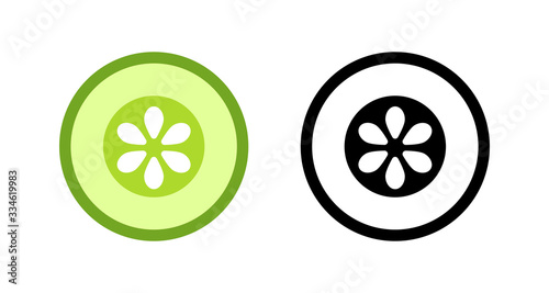 Sliced cucumber simple vector logo flat icon illustration design. Colored and outline silhouette line art set