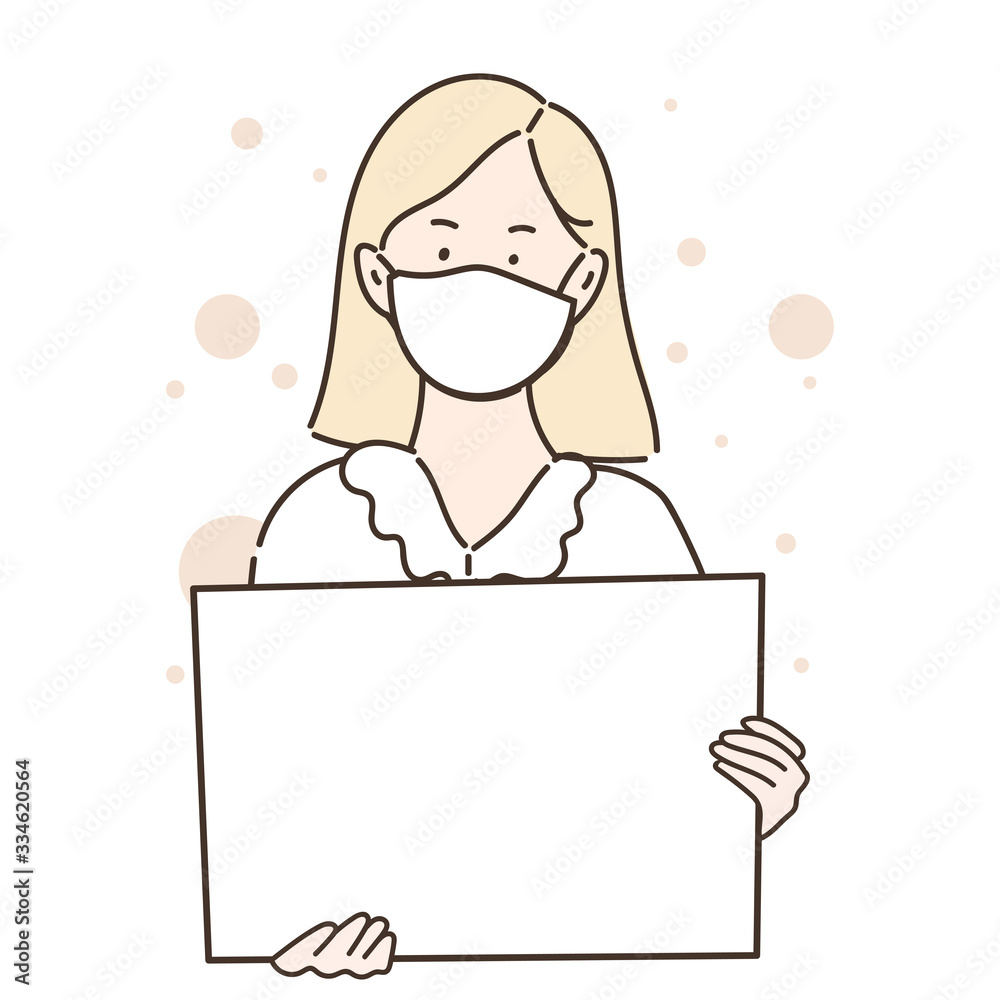 Woman wearing white mask holding blank white sign for your message. Hand drawn style. Vector illustration. Woman wearing white mask holding blank white sign for your message. Hand drawn style. Vector illustration.
