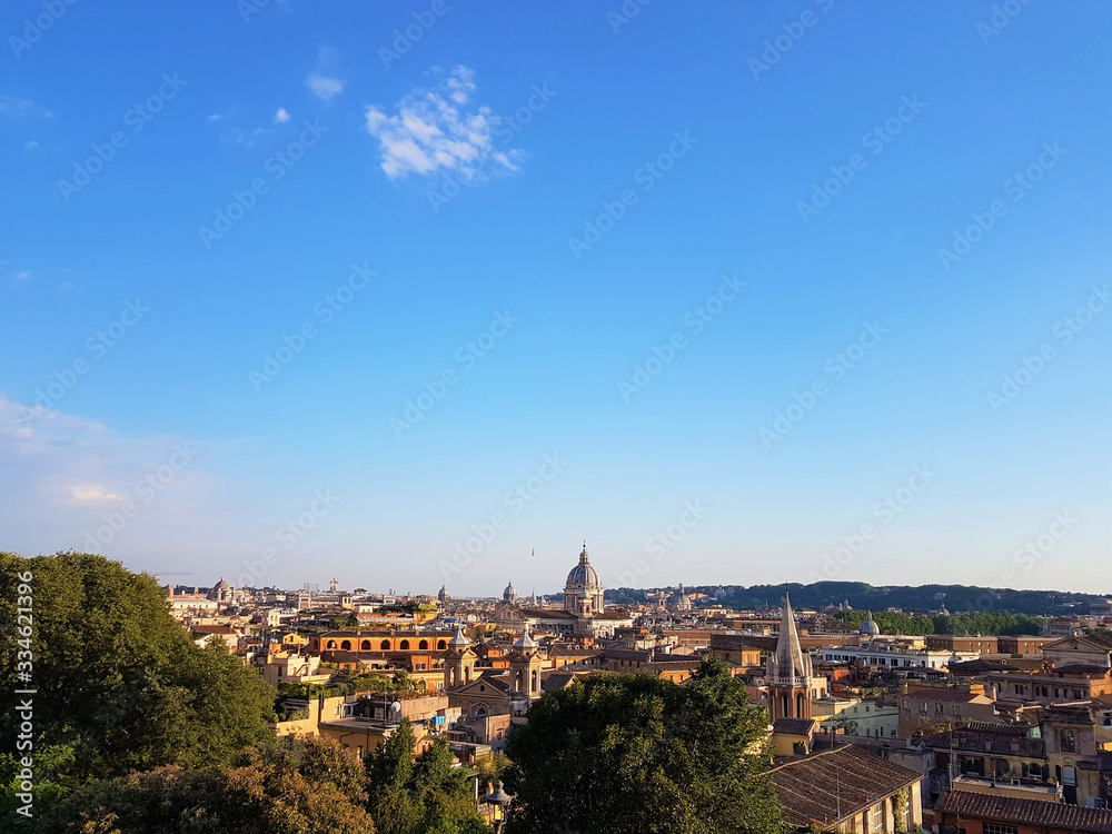 Scenic panorama of the historical center of Rome. Ancient city of Roma from above on a sunny day. Nice Rome scenery in summer.