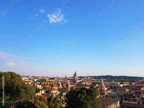Scenic panorama of the historical center of Rome. Ancient city of Roma from above on a sunny day. Nice Rome scenery in summer.