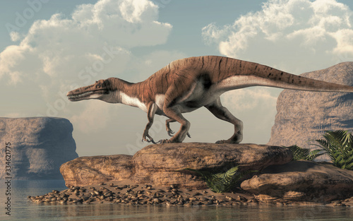 Fototapeta Naklejka Na Ścianę i Meble -  Baryonyx was a large carnivorous spinosaurid theropod dinosaur that lived in Cretaceous era Europe. It likely at fish and was semi-aquatic. Depicted on rocks by a lake. 3D Rendering 