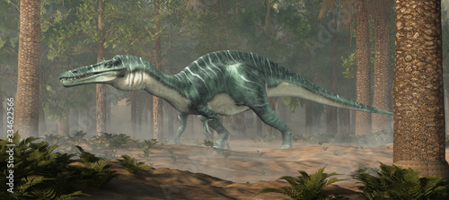 Suchomimus was a large carnivorous spinosaurid theropod dinosaur that lived in Cretaceous era Africa. It likely at fish and was semi-aquatic. Depicted in a forest. 3D Rendering  © Daniel Eskridge