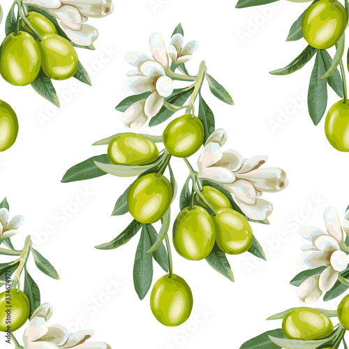 Seamless pattern of a branch of olives and flowers on a white background. 