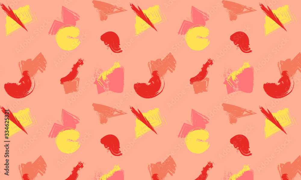 Vector of abstract seamless pattern with paintbrush strokes designs with lines, circles and shapes with yellow, red, pink and peach colors isolated against a coral background. Great for banners. Vector of abstract seamless pattern with paintbrush strokes designs with lines, circles and shapes with yellow, red, pink and peach colors isolated against a coral background. Great for banners.
