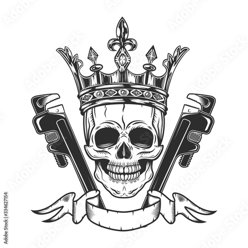 Vintage gas pipeline, heating and plumbing construction king with crown and heavy-duty straight pipe wrench with tape in monochrome style isolated illustration