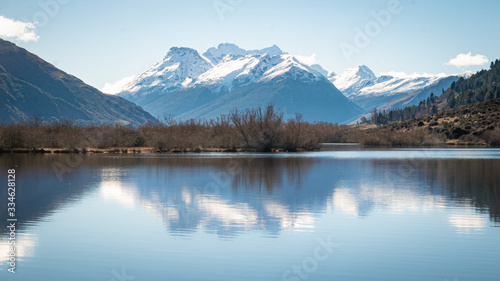 Symetric landscape shot with mountain reflected in lake.Shot made in Glenorchy  New Zealand