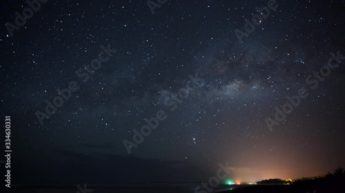 A beautiful Timelapse of the night sky with the milky way getting up on the pacific shore of Costa Rica in march, with the city of Cahuita on the bottom. Super colors and stars shinning bright. photo