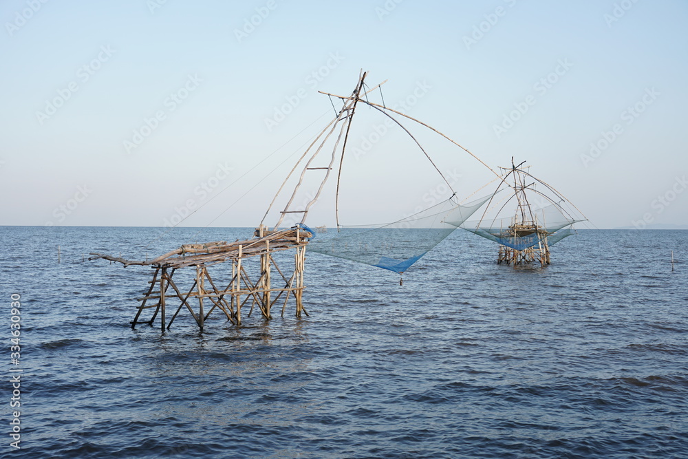 Square dip nets in the sea at Pakpra, Phatthalung, Thailand.