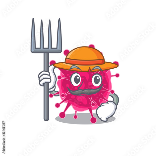 Cartoon character design of picornaviridae as a Farmer with hat and pitchfork