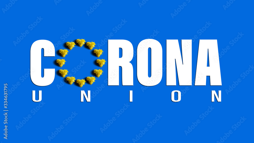 3D render – Corona virus epidemic in the European Union and flag with slogan - Corona Union. During the epidemic, the EU showed that it only exists theoretically. Countries in EU doesn’t cooperate 3D render – Corona virus epidemic in the European Union and flag with slogan - Corona Union. During the epidemic, the EU showed that it only exists theoretically. Countries in EU doesn’t cooperate