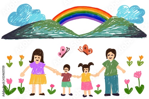 Painting by children. Family pictures consist of father, mother and child.