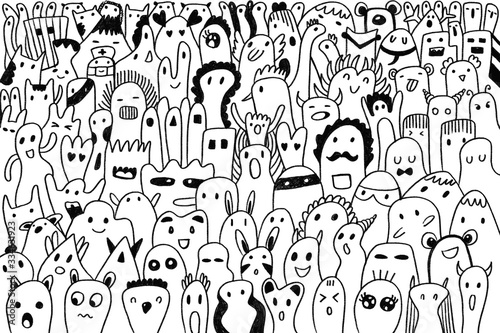 Funny monsters Black and white background. Hand drawn doodle style