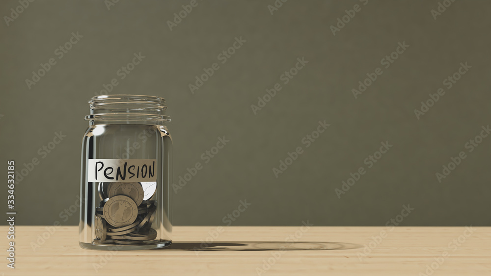 glass jar with coins and the inscription pension on a wooden table