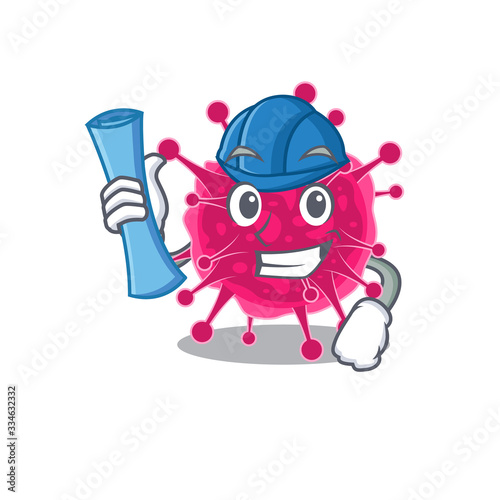 Cartoon character of picornaviridae brainy Architect with blue prints and blue helmet