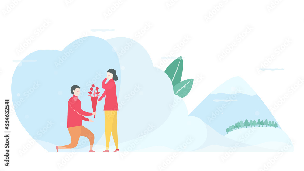 Man gives a bouquet of flowers to his girlfriend. Scene design about couple of love in winter season. Vector illustration in flat style.