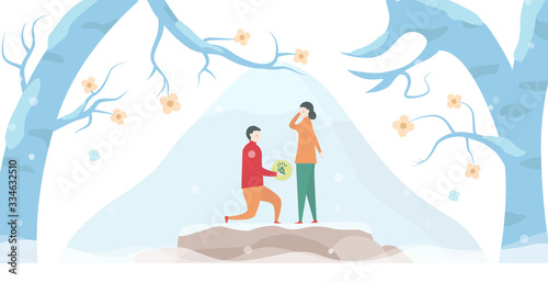 Man are giving wedding ring to his girlfriend. Scene design about couple of love in winter season. Vector illustration in flat style.
