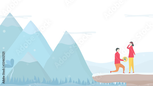 Man are giving wedding ring to his girlfriend. Scene design about couple of love in winter season. Vector illustration in flat style.