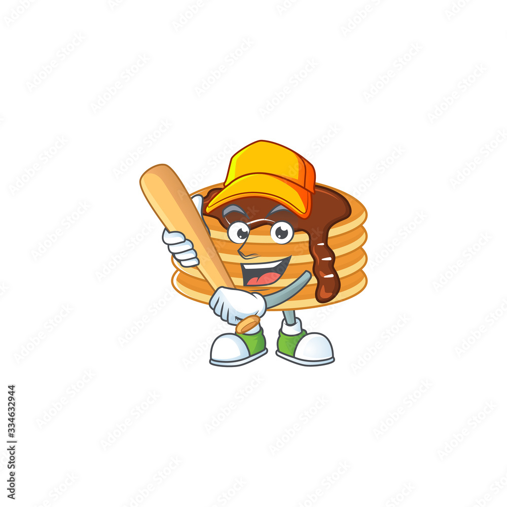 Chocolate cream pancake cartoon design concept of hold baseball stick