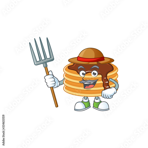 Mascot design style of Farmer chocolate cream pancake with hat and pitchfork