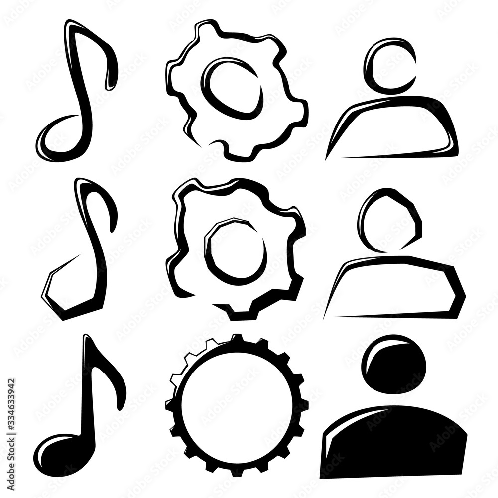 A set of nine different abstract icons. A set of different variations of note, music icon, gear and human.