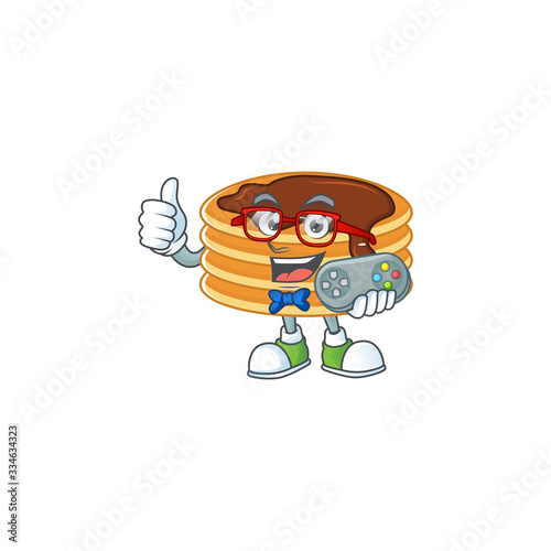 Chocolate cream pancake talented gamer mascot design play game with controller