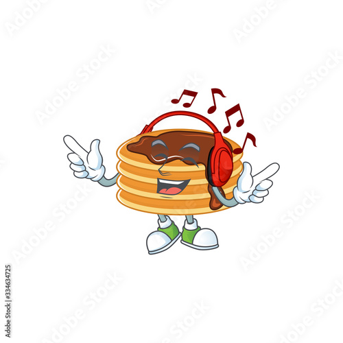 Cartoon mascot design chocolate cream pancake enjoying music with headset