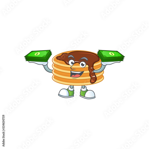 A cheerful chocolate cream pancake mascot design with some money on hands