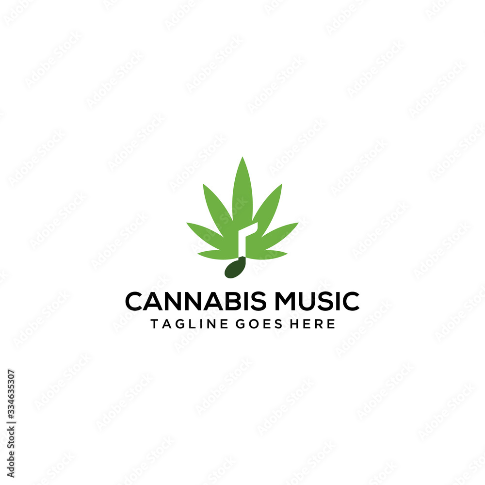 Silhouette of Cannabis marijuana hemp leaf with music note logo design