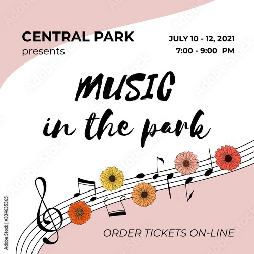 Invitation template. Open air summer concert banner with hand drawn music notes and daisy flowers. Pink poster for a park festival event. Vector photo