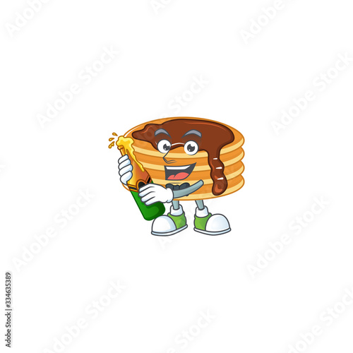 Mascot cartoon design of chocolate cream pancake making toast with a bottle of beer