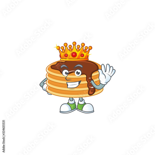 The Charismatic King of chocolate cream pancake cartoon character design wearing gold crown