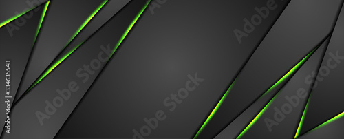 Black abstract corporate graphic design with green glowing light. Technology concept background. Vector illustration