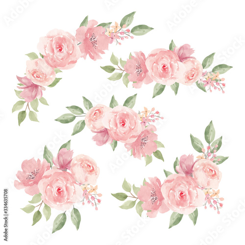 Watercolor pink rose flower bouquet decoration set