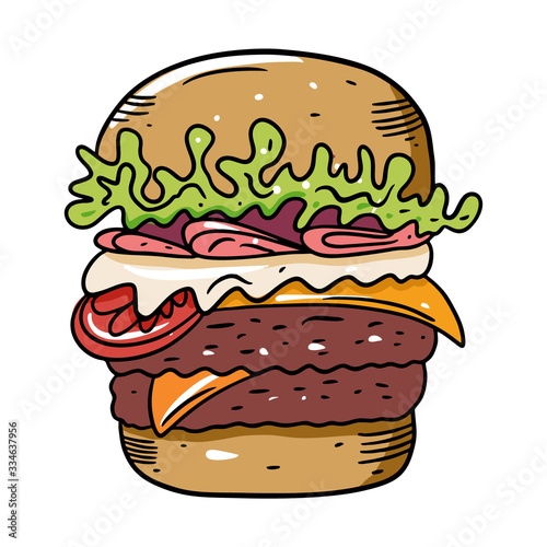 Double burger with ham. Hand drawn colorful vector illustration in cartoon style. Isolated on white background.