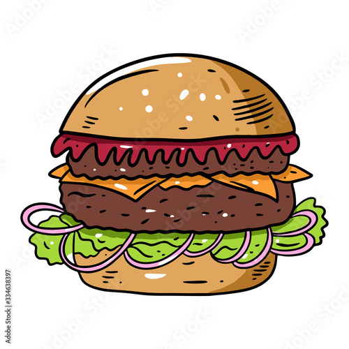 Burger with tomato sauce, shredded lettuce and onion. Hand drawn colorful vector illustration in cartoon style.