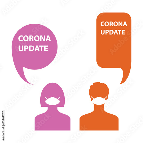 Woman and man with medical mask sign and speech bubble with corona update text, color isolated on white background, vector illustration.