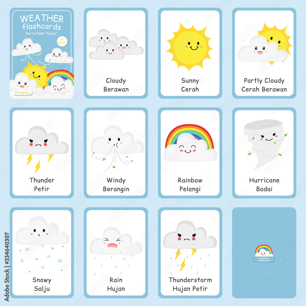 Cute weather bilingual flashcard vector set. Printable weather flashcard for kids. English Indonesian language. Cute weather bilingual flashcard vector set. Printable weather flashcard for kids. English Indonesian language.