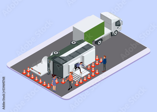 Isometric Vector Illustration Representing Evacuation Process of Bus Accident by Transporting it Onto Trailer Truck