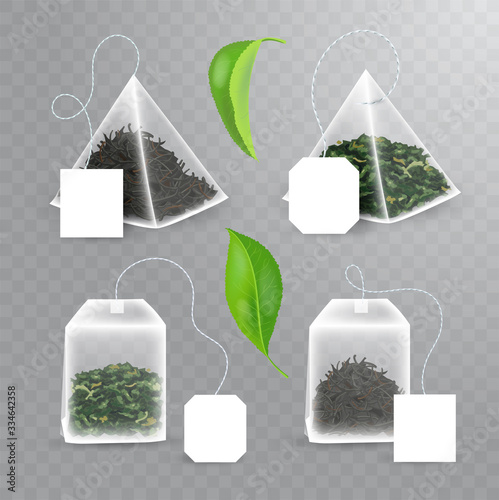 Set of Rectangle and pyramidal shaped tea bag mock up with black and green tea inside. Vector realistic illustration of teabag with empty white label isolated on transparent background.