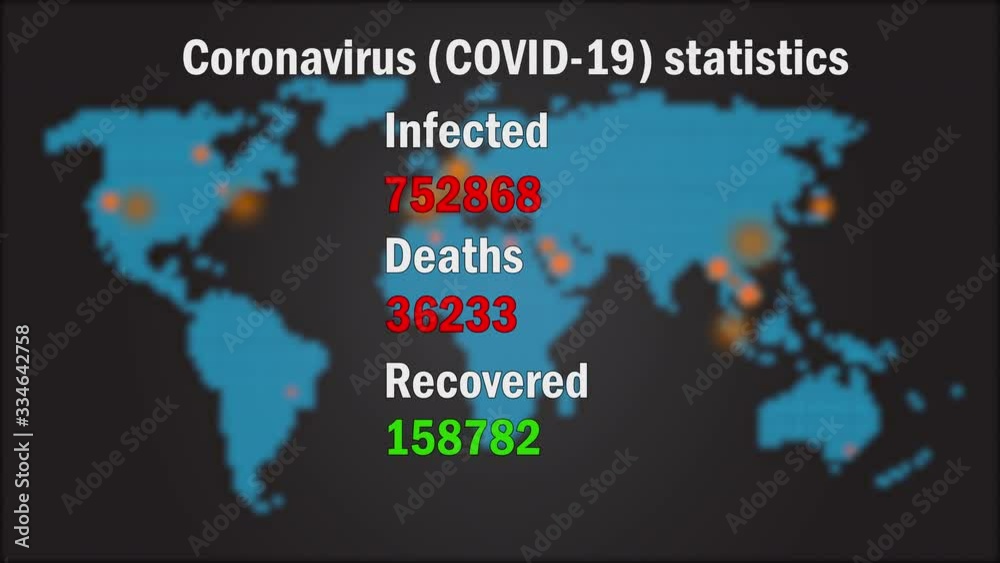 Corona virus spread statistics (April) on digital dot matrix map COVID-19 information